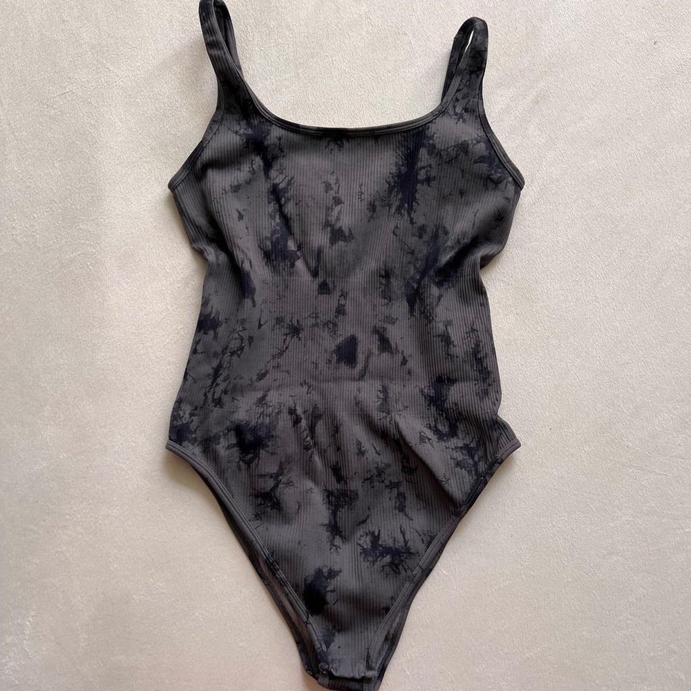 Black Gray Tie Dye Shaping Bodysuit Thick Shaping Panel Goth Spandex